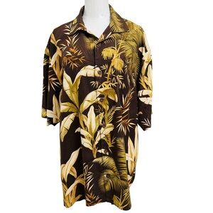 Tommy Bahama 100% Silk Brown and Mustard Tropical Print Shirt Size L